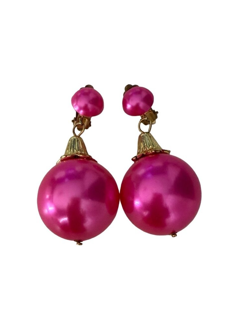 Vintage 1960s Hot Pink Faux Pearl Clip On Dangle Earrings Oversized Mod
